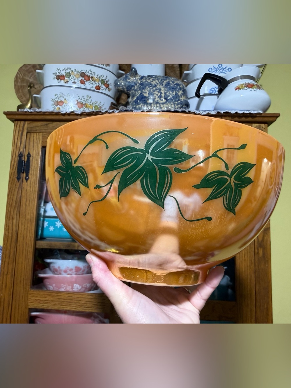 Vintage HTF Anchor Hocking ivy Punch bowl peach lustre